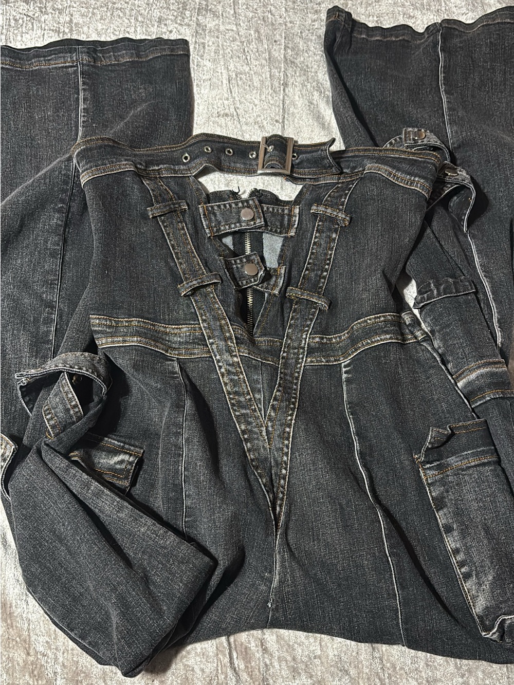 Women’s Black Washed Denim Jean tube top romper with Belt Detail